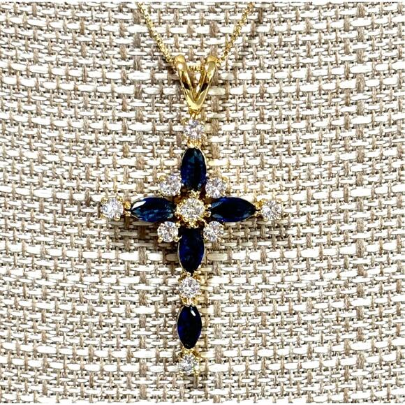 Delicate blue & white crystal cross pendant on goldtone chain religious jewelry - Picture 2 of 5
